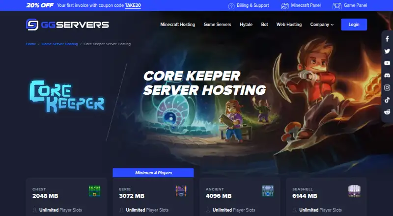 The GGServers Core Keeper Server Hosting homepage