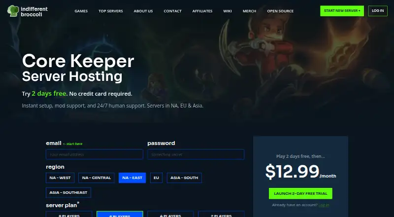 The Indifferent Broccoli Core Keeper Server Hosting homepage